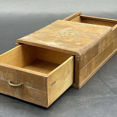 Vintage Inlaid Wood Dog Motif Trinket Box W Drawer
