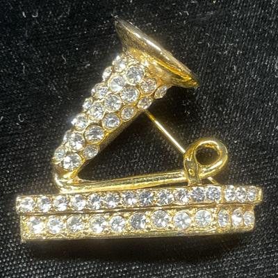 Gold Tone Crystal Gramophone Brooch
