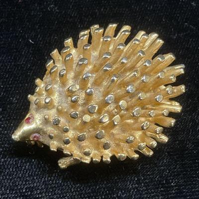 Vintage Gold Tone Crystal Porcupine Brooch

