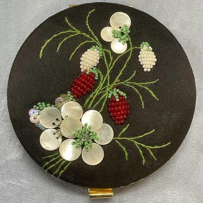 Vtg Black Silk Beaded Makeup Compact, France
