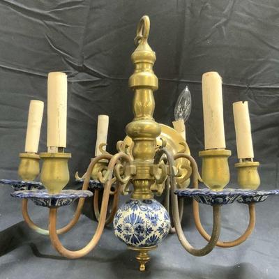 Vintage Brass & Porcelain 6 Arm Chandelier
