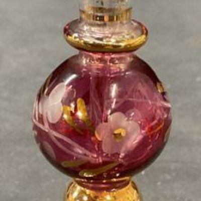 Gilt Amethyst Etched Art Glass Perfume Bottle
