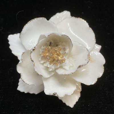 Vtg Gilt White Porcelain Flower Brooch, England
