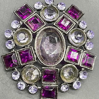 Vintage Bejeweled Purple Crystal Metal Brooch
