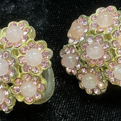 Vtg Graziano Gold Tn Pink Crystal Flower Earrings
