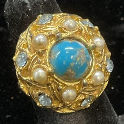 Vintage Gold Tn Faux Turquoise & Pearl Ring
