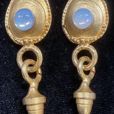 Vtg Gold Tn Faux Moonstone Cabochon Earrings
