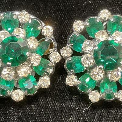 Vtg Silver Tn Green & Colorless Crystal Earrings
