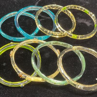 Lot 8 Green, Yellow, Blue Acrylic Bangles
