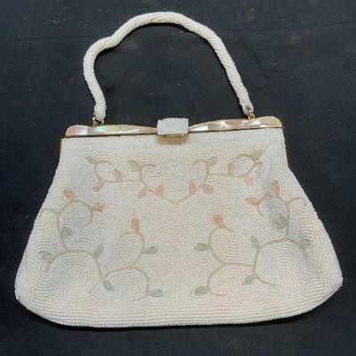 Vtg White Beaded Mother of Pearl Inlay Handbag
