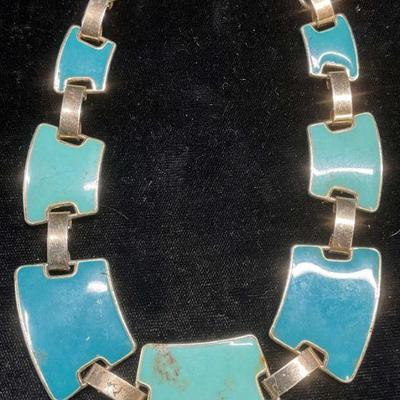 Signed Silver Tone Blue Enamel Necklace
