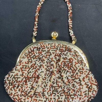 Vintage Gold Tn White & Red Beaded Handbag
