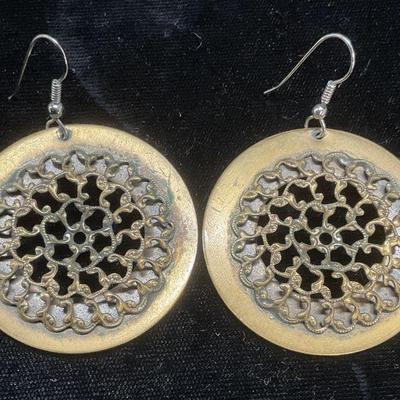 Vintage Gold Tone Round Medallion Earrings
