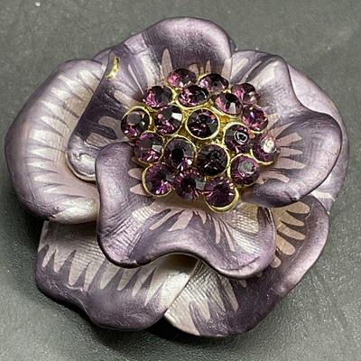 Purple Painted Gold Tn Metal Crystal Floral Brooch
