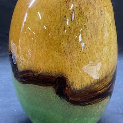 Hand Blown Green & Yellow Cased Art Glass Vase

