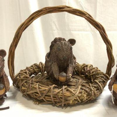 Lot 4 Woven Twig & Wicker Basket & Squirrels
