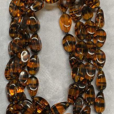 Vtg Amber & Black Glass Beaded Necklace, 30 In
