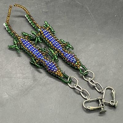Vintage Handmade Seed Beaded Lizard Earrings
