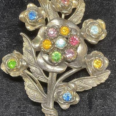 XL Vtg Silver Tn Crystal Flower Brooch, 3.25 In
