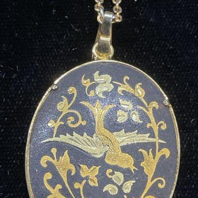Gold Tn Damascene Style Bird Pendant Necklace
