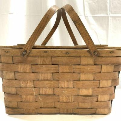 Vtg Woven Wood Slat Picnic Basket W Handles & Lid
