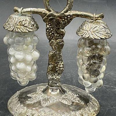 Set Vtg Silverplate & Glass Grape Shakers W/ Stand
