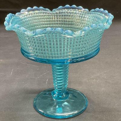 Blue Glass Round Scalloped Pedestal Bowl
