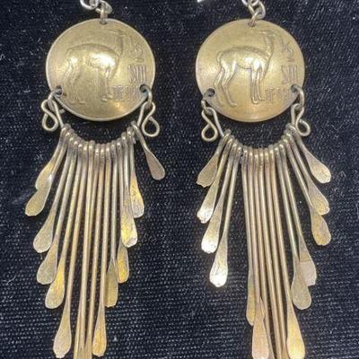 Vtg Handmade Brass Peruvian Coin Earrings
