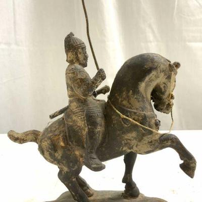 Cast Iron Tang Dynasty Style Warrior On Horseback
