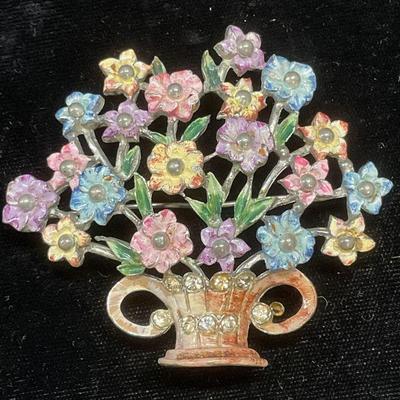 Vtg Enamel Crystal Flower Bouquet Brooch 3In W

