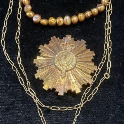 3 Gold Tn Pendant Necklace, Faux Pearl Bracelet+
