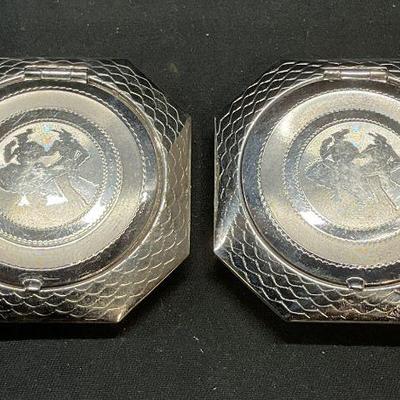 Pair Vtg Silver Tone Makeup Powder Compacts
