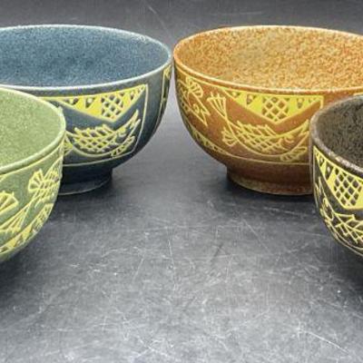 4 Vintage Multicolored Fish Motif Ceramic Bowls
