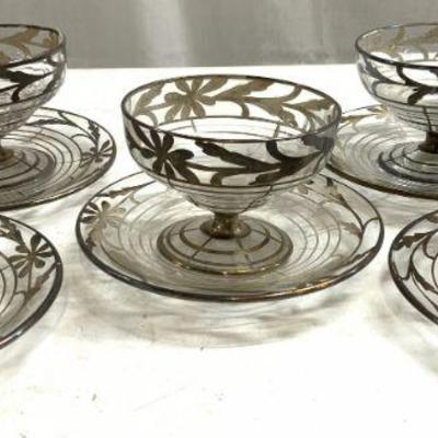 Set 8 Silv Pl Overlay Glass Goblets & Saucers
