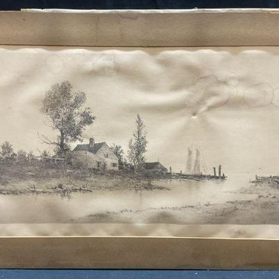 Antique Signed J HALLER Pastoral Barn Etching
