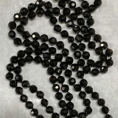 Vintage Black Crystal Beaded Necklace, 35 In

