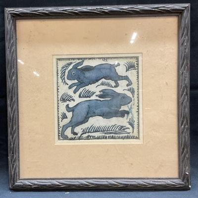 Framed Two Blue Rabbits Lithograph Print
