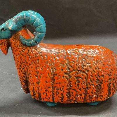 Vintage Orange & Blue Ram Figural Coin Bank
