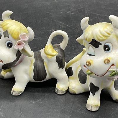 Pair Vintage Hand Painted Ceramic Cow Figurals

