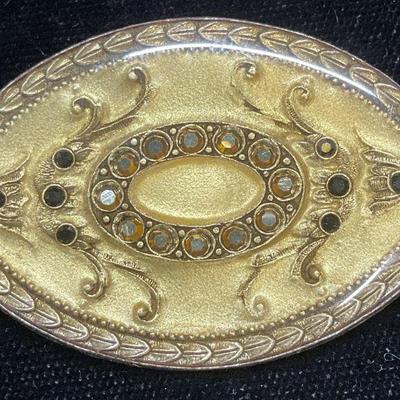 Vintage Yellow Lacquered Scroll Crystal Brooch
