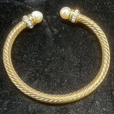 Gold Tone Cable Faux Pearl Crystal Cuff Bracelet
