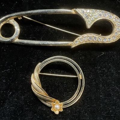 Lot 2 14k GF Faux Pearl Brooch, Safety Pin Brooch
