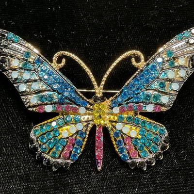 Gold Tone Multicolor Crystal Butterfly Brooch
