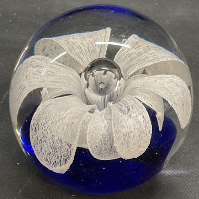 White & Blue Art Glass Flower Paperweight

