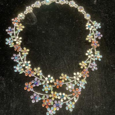 Silver Tn Enamel Crystal Flower Choker Necklace
