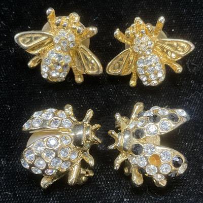 Lot 3 Gold Tone Crystal Bee Earrings, More
