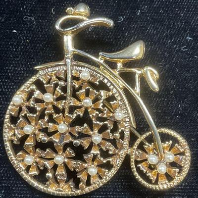 Vintage Gold Tone Faux Pearl Bicycle Brooch
