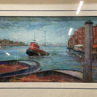 Signed Nancy Hubbe Tugboat Pastel on Wood
