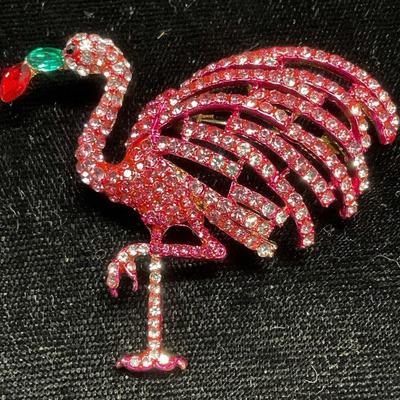 Gold Tone Pink Crystal Flamingo Brooch
