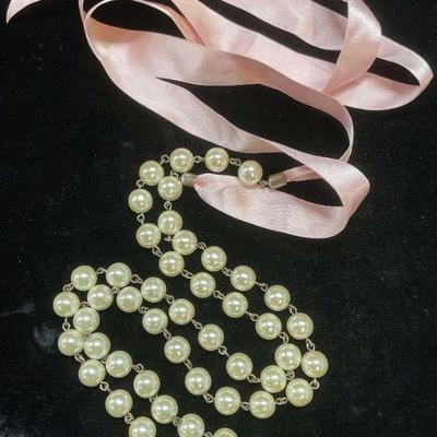 Faux Pearl Beaded Pink Ribbon Necklace

